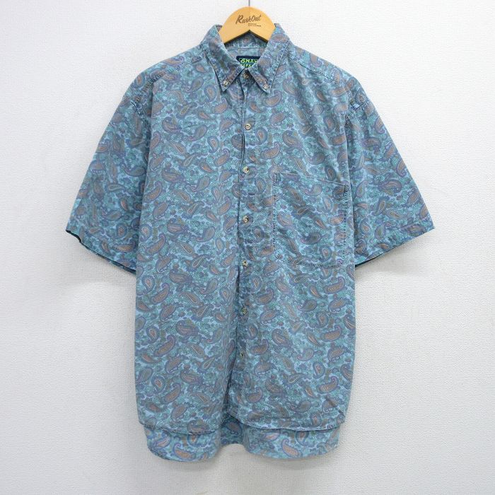XL★古着 半袖 シャツ メンズ 90年代 90s ペイズリー柄 コットン ボタンダウン 薄紺他 ネイビー 25apr30 中古 トップス