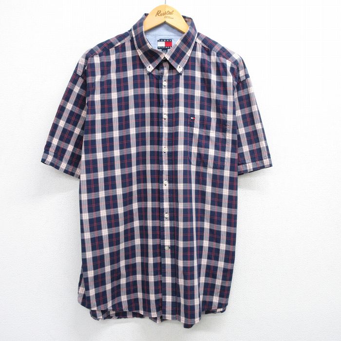 【50%OFF】XL★古着 トミージーンズ 半袖 ブランド シャツ メンズ 90年代 90s ワンポイントロゴ 大きいサイズ コットン ボタンダウン 濃紺他 ネイビー チェック 25apr30 中古 トップス
