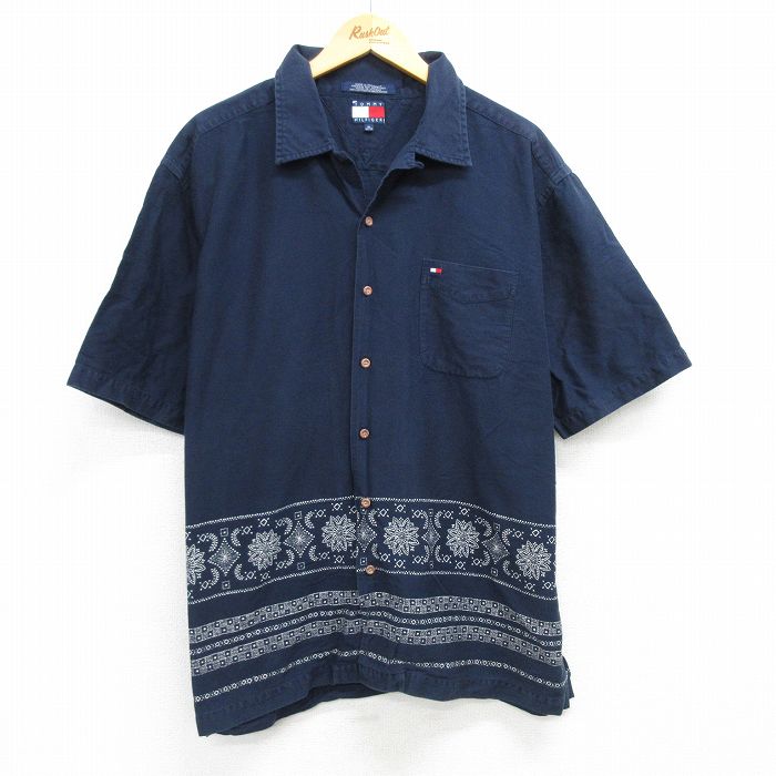 XL★古着 トミーヒルフィガー TOMMY HILFIGER 半袖 ブランド シャツ メンズ 90年代 90s ワンポイントロゴ 花 コットン 開襟 オープンカラー 濃紺 ネイビー 25apr30 中古 トップス