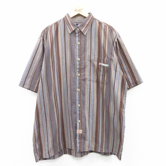 XL★古着 ディッキーズ Dickies 半袖 シャツ メンズ 大きいサイズ ロング丈 茶他 ブラウン ストライプ 25apr30 中古 トップス