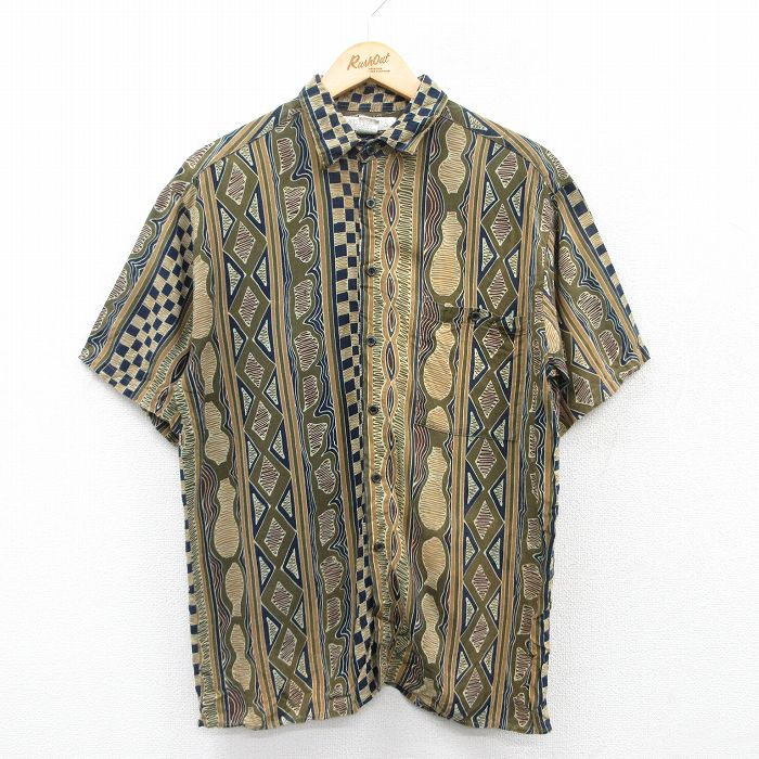 M★古着 半袖 シャツ メンズ 90年代 90s 総柄 レーヨン 緑系他 グリーン 25apr30 中古 トップス