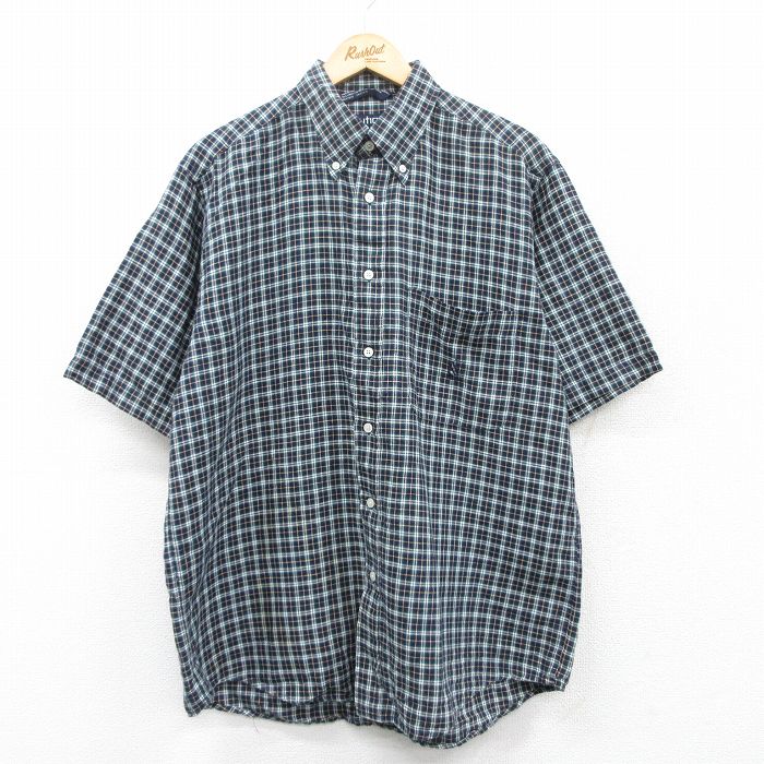 XL★古着 ノーティカ NAUTICA 半袖 ブランド シャツ メンズ 90年代 90s ワンポイントロゴ リネン ボタンダウン 紺他 ネイビー チェック 25apr30 中古 トップス