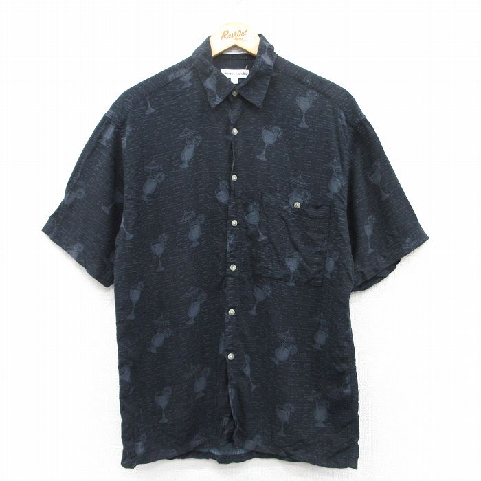 M★古着 ピエールカルダン pierre cardin 半袖 ブランド シャツ メンズ 90年代 90s カクテル 総柄 レーヨン 黒他 ブラック 25apr30 中古 トップス