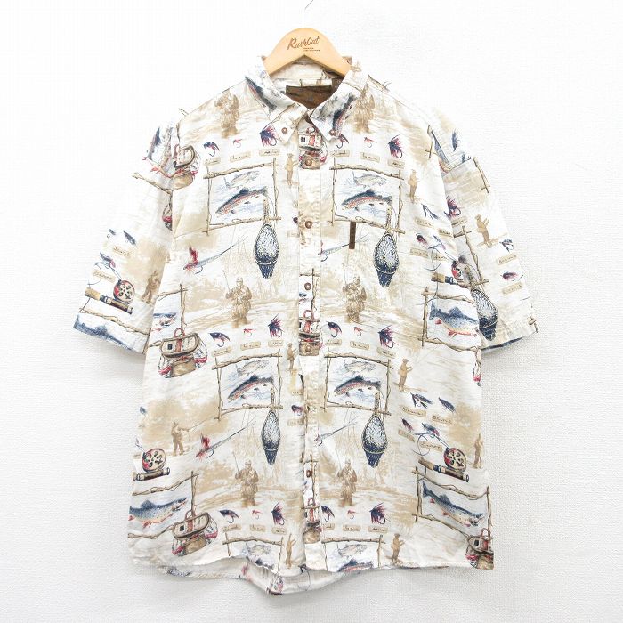 XL★古着 半袖 シャツ メンズ 釣り 魚 大きいサイズ コットン ボタンダウン ベージュ他 カーキ 25apr30 中古 トップス