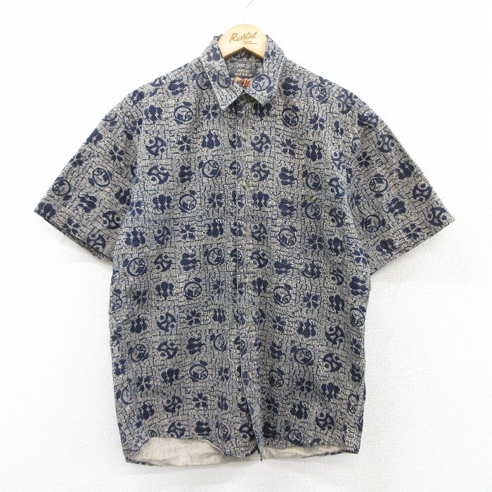 M★古着 半袖 シャツ メンズ 00年代 00s 桜 ひょうたん 総柄 コットン 紺他 ネイビー 25apr30 中古 トップス