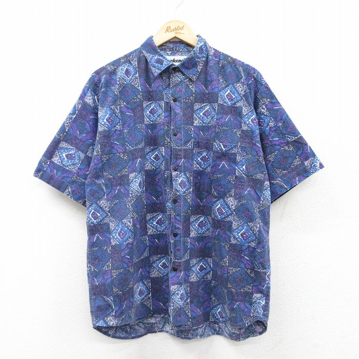 L★古着 半袖 シャツ メンズ 90年代 90s 総柄 コットン 紺他 ネイビー 25apr30 中古 トップス