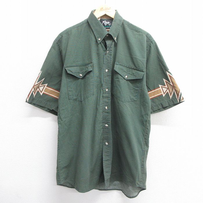 L★古着 半袖 シャツ メンズ 90年代 90s ネイティブ柄 ラグ柄 ロング丈 ボタンダウン USA製 緑他 グリーン 25apr30 中古 トップス