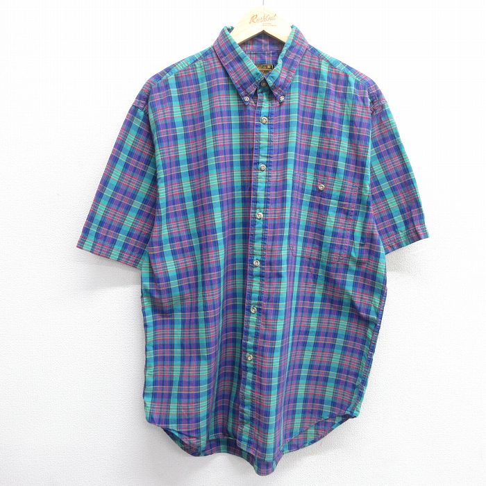 L★古着 エディーバウアー 半袖 シャツ メンズ 90年代 90s コットン ボタンダウン 緑他 グリーン チェック 25apr30 中古 トップス