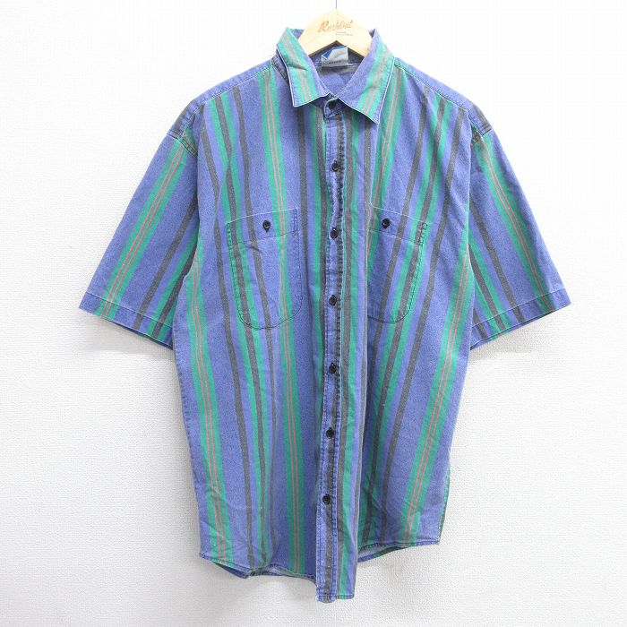 【50%OFF】L★古着 TODAYS NEWS 半袖 シャツ メンズ 90年代 90s ロング丈 紺他 ネイビー ストライプ 25apr30 中古 トップス