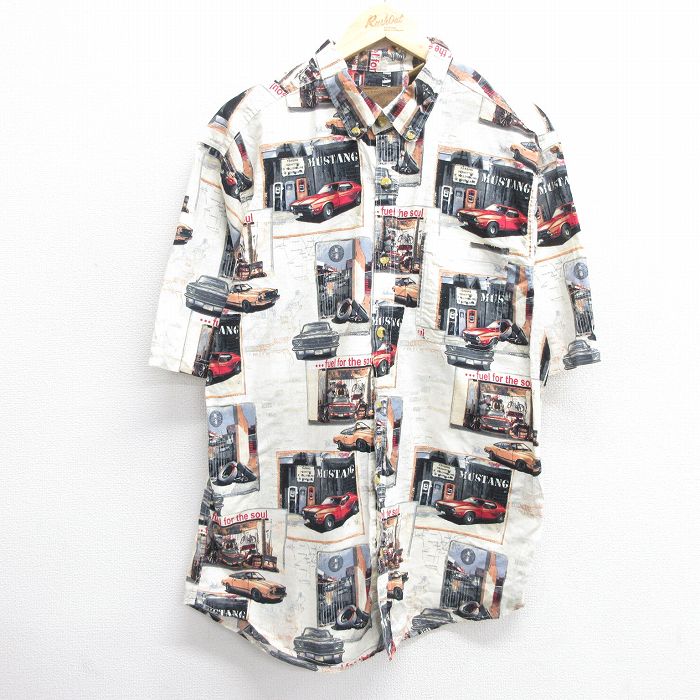 M★古着 半袖 シャツ メンズ 車 クラシックカー 総柄 ロング丈 コットン ボタンダウン 生成り他 25apr30 中古 トップス