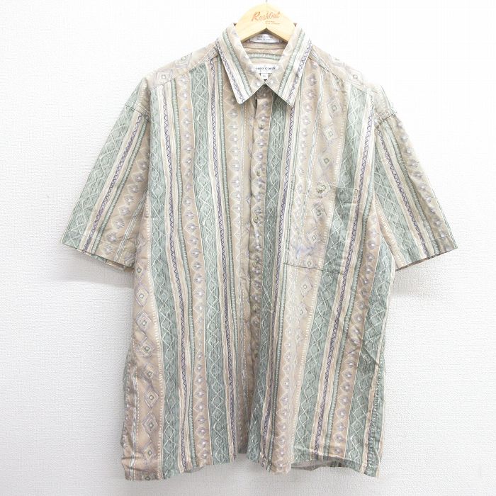 XL★古着 ピエールカルダン pierre cardin 半袖 シャツ メンズ 90年代 90s 総柄 コットン ベージュ他 カーキ 25apr30 中古 トップス