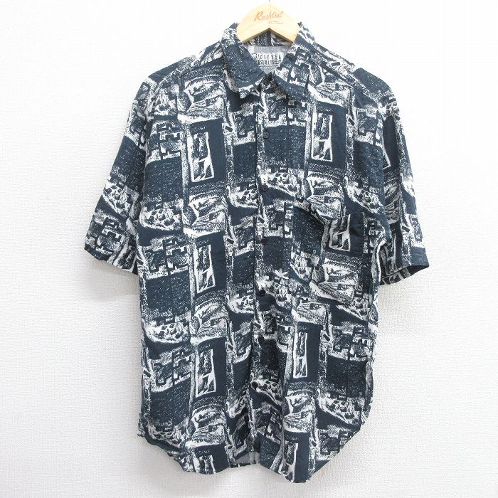 M★古着 半袖 シャツ メンズ 90年代 90s 総柄 紺他 ネイビー 25apr30 中古 トップス