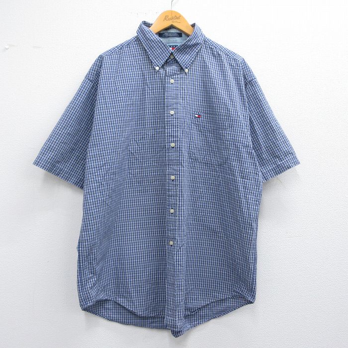 XL★古着 トミーヒルフィガー TOMMY HILFIGER 半袖 ブランド シャツ メンズ 90年代 90s ワンポイントロゴ ロング丈 コットン ボタンダウン 紺他 ネイビー チェック 25apr30 中古 トップス
