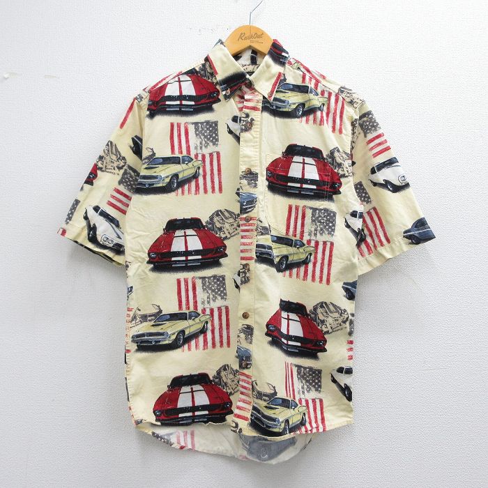 M★古着 レッドヘッド 半袖 シャツ メンズ 00年代 00s 車 クラシックカー 総柄 ボタンダウン 黄色他 イエロー 25apr30 中古 トップス