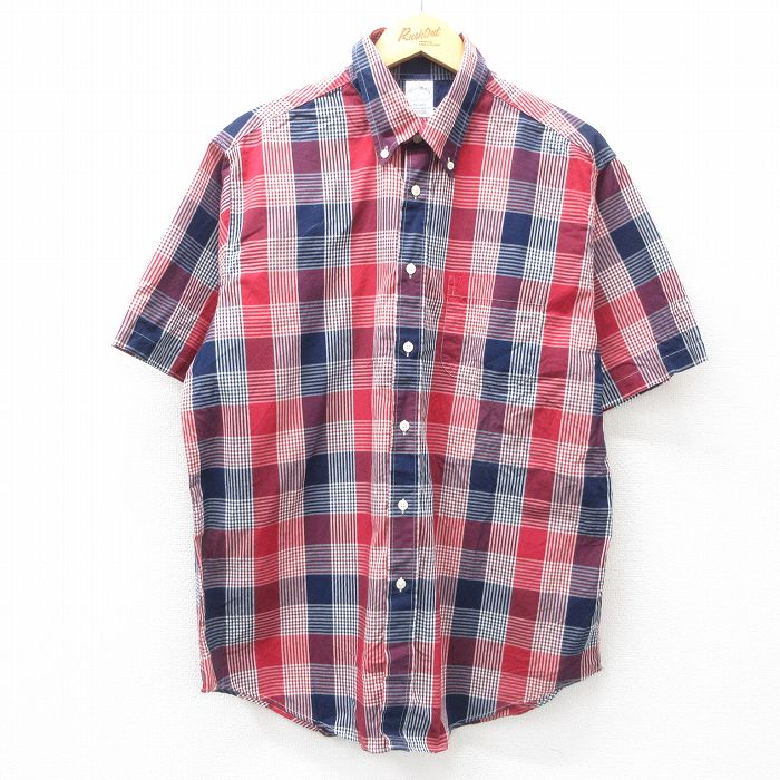 XL★古着 ブルックスブラザーズ BROOKS BROTHERS 半袖 ブランド シャツ メンズ コットン ボタンダウン 紺他 ネイビー チェック 25may01 中古 トップス