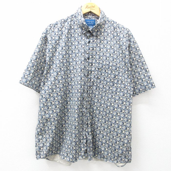 XL★古着 タウンクラフト 半袖 シャツ メンズ 総柄 大きいサイズ コットン ボタンダウン 紺他 ネイビー 25may01 中古 トップス