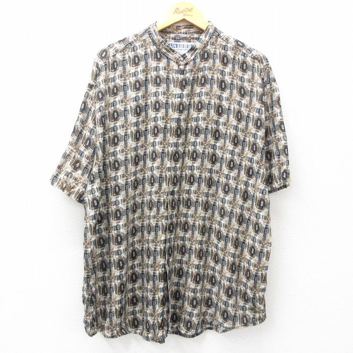 XL★古着 半袖 シャツ メンズ 総柄 ロング丈 レーヨン ノーカラー 黒他 ブラック 25may01 中古 トップス