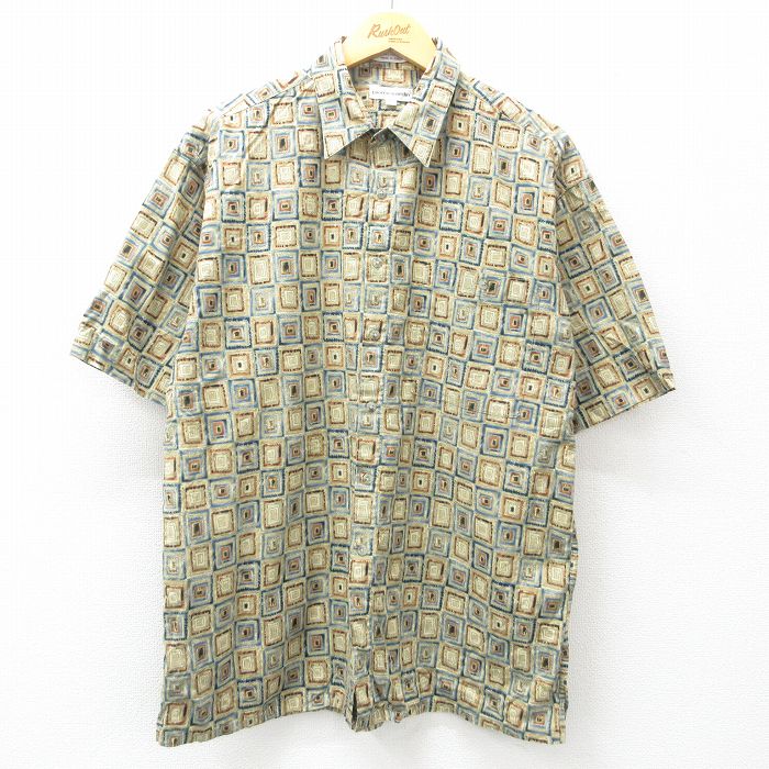 XL★古着 ピエールカルダン pierre cardin 半袖 ブランド シャツ メンズ 90年代 90s 総柄 コットン ベージュ系他 カーキ 25may01 中古 トップス