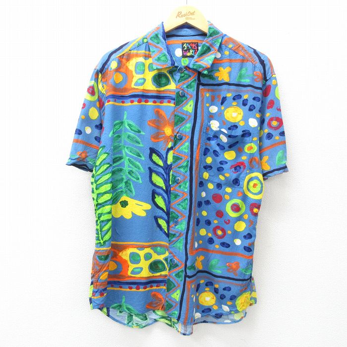L★古着 ジャムズワールド 半袖 シャツ メンズ 90年代 90s 花 総柄 レーヨン USA製 水色他 【spe】 25may01 中古 トップス