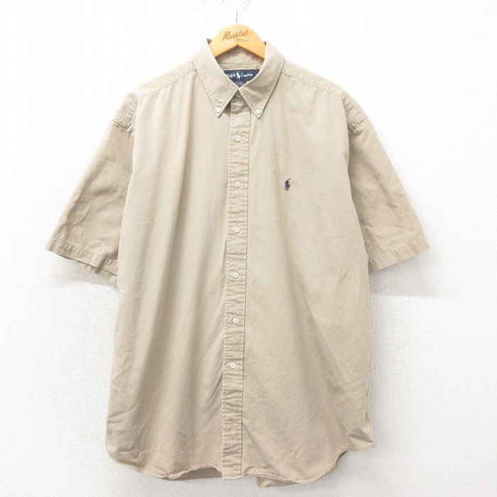 XL★古着 ラルフローレン Ralph Lauren 半袖 ブランド シャツ メンズ 90年代 90s ワンポイントロゴ BLAIRE 大きいサイズ コットン ボタンダウン ベージュ カーキ 25may02 中古 トップス
