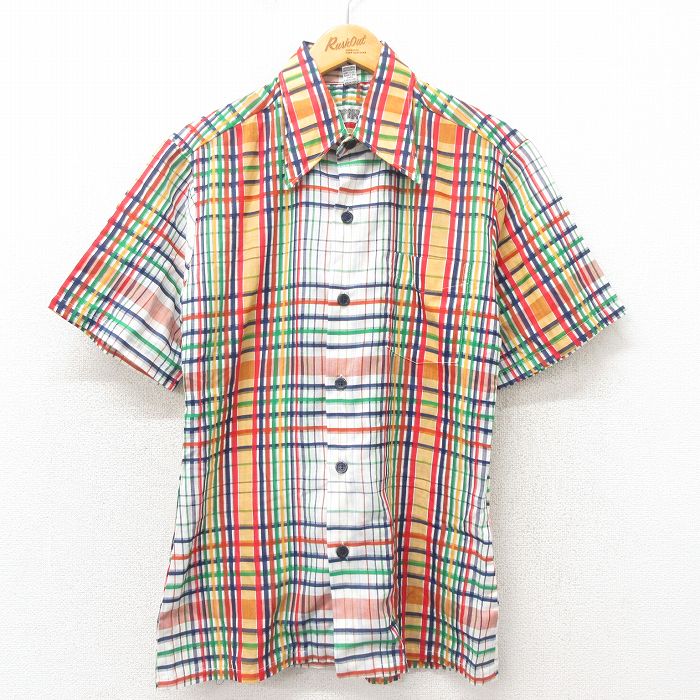 S★古着 半袖 シャツ メンズ 70年代 70s ベージュ他 カーキ チェック 25may02 中古 トップス