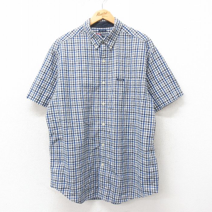 XL★古着 ラルフローレン Ralph Lauren チャップス 半袖 ブランド シャツ メンズ 90年代 90s ロング丈 ボタンダウン 紺 ネイビー チェック 25may02 中古 トップス