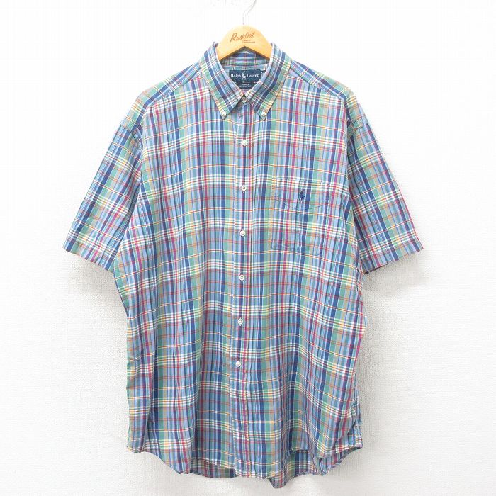 XL★古着 ラルフローレン Ralph Lauren 半袖 ブランド シャツ メンズ 90年代 90s ワンポイントロゴ BLAKE 大きいサイズ ロング丈 コットン ボタンダウン 紺 ネイビー チェック 25may02 中古 トップス