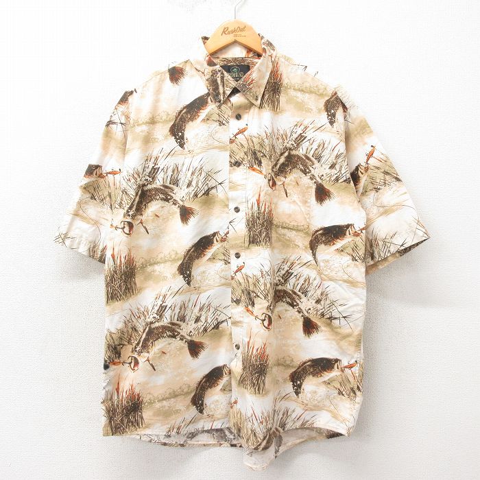 XL★古着 レッドヘッド 半袖 シャツ メンズ 00年代 00s 魚 リップストップ 大きいサイズ コットン ボタンダウン ベージュ他 カーキ 25may02 中古 トップス