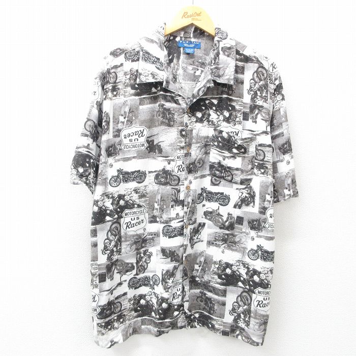 XL★古着 ピューリタン 半袖 シャツ メンズ バイク 総柄 レーヨン 開襟 オープンカラー 黒他 ブラック 25may07 中古 トップス