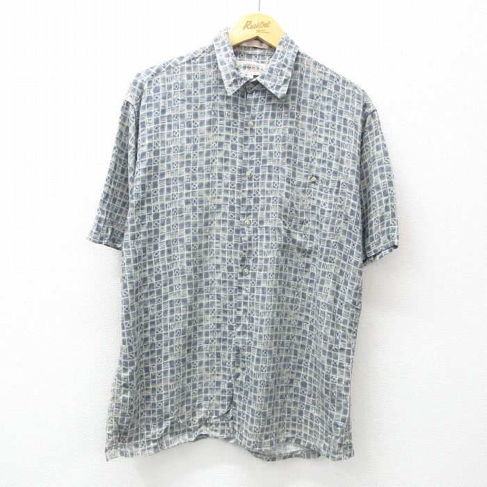 M★古着 半袖 シャツ メンズ 00年代 00s 総柄 レーヨン 紺他 ネイビー 25may07 中古 トップス