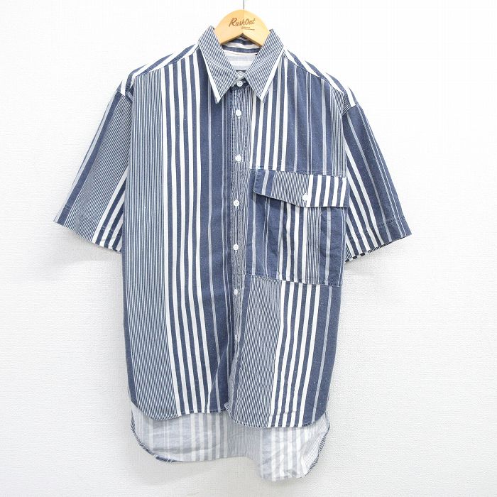 【50%OFF】L★古着 半袖 シャツ メンズ 00年代 00s コットン 濃紺他 ネイビー ストライプ 25may08 中古 トップス