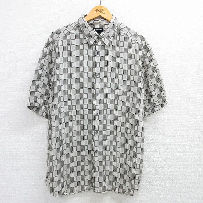 XL★古着 半袖 シャツ メンズ 大きいサイズ レーヨン グレー他 チェック 25may08 中古 トップス
