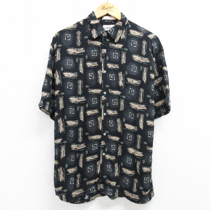 M★古着 半袖 シャツ メンズ 00年代 00s レーヨン 黒 ブラック 25may08 中古 トップス