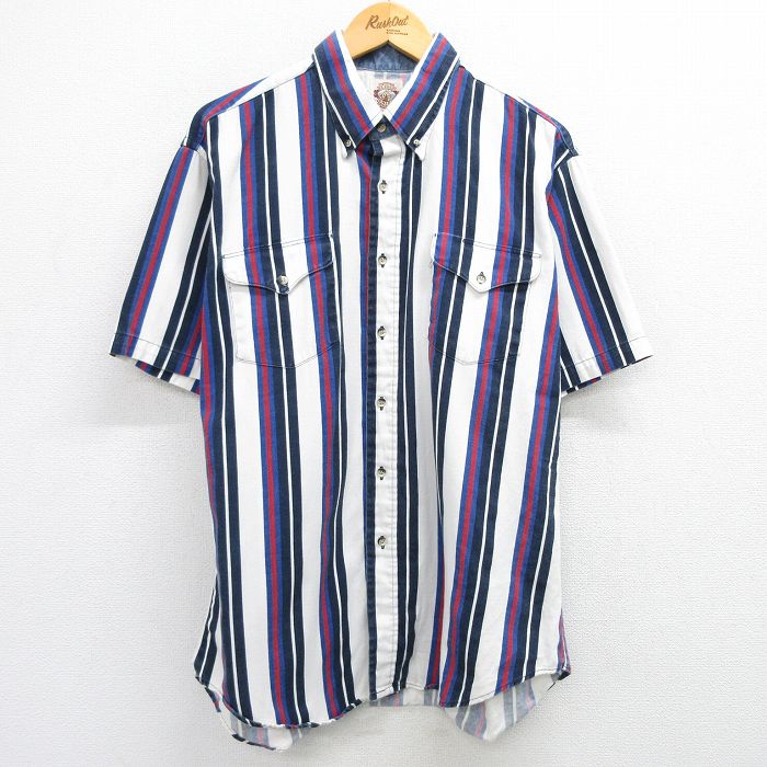 XL★古着 半袖 ウエスタン シャツ メンズ 90年代 90s コットン ボタンダウン USA製 白他 ホワイト ストライプ 【spe】 25may08 中古 トップス