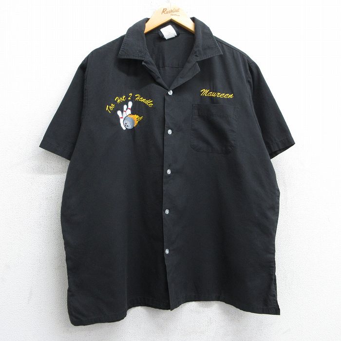 XL★古着 ヒルトン 半袖 ボウリング シャツ メンズ 開襟 オープンカラー 黒 ブラック 25may08 中古 トップス