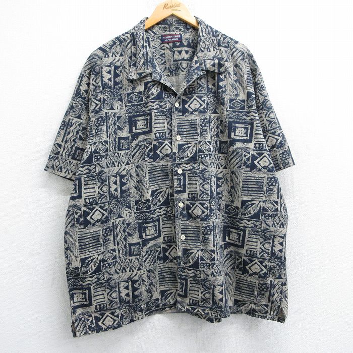 XL★古着 半袖 シャツ メンズ 00年代 00s 葉 総柄 大きいサイズ ロング丈 コットン 開襟 オープンカラー ベージュ他 カーキ 25may08 中古 トップス