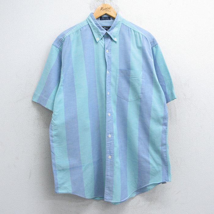XL★古着 アロー 半袖 シャツ メンズ 90年代 90s オックスフォード ロング丈 コットン ボタンダウン USA製 薄紺他 ネイビー ストライプ 25may08 中古 トップス