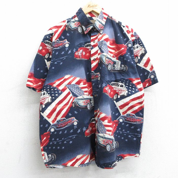 【50%OFF】XL★古着 半袖 シャツ メンズ 車 星条旗 総柄 コットン ボタンダウン 紺他 ネイビー 25may08 中古 トップス