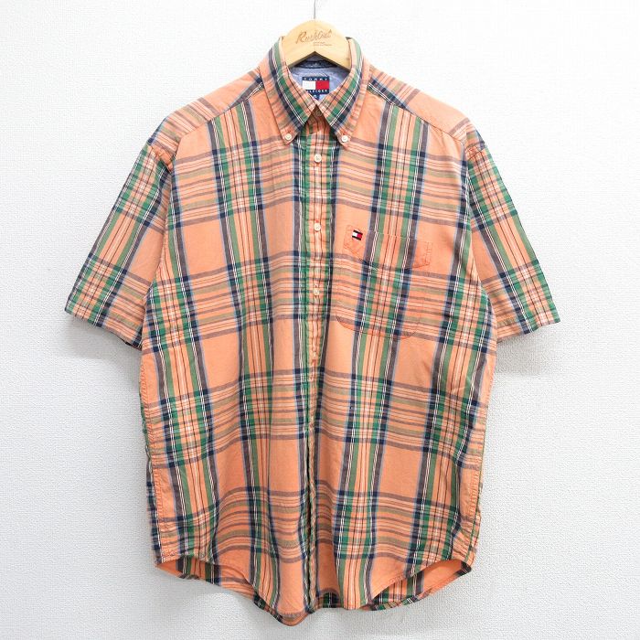 L★古着 トミーヒルフィガー TOMMY HILFIGER 半袖 ブランド シャツ メンズ 90年代 90s ワンポイントロゴ コットン ボタンダウン 薄オレンジ他 チェック 25may08 中古 トップス