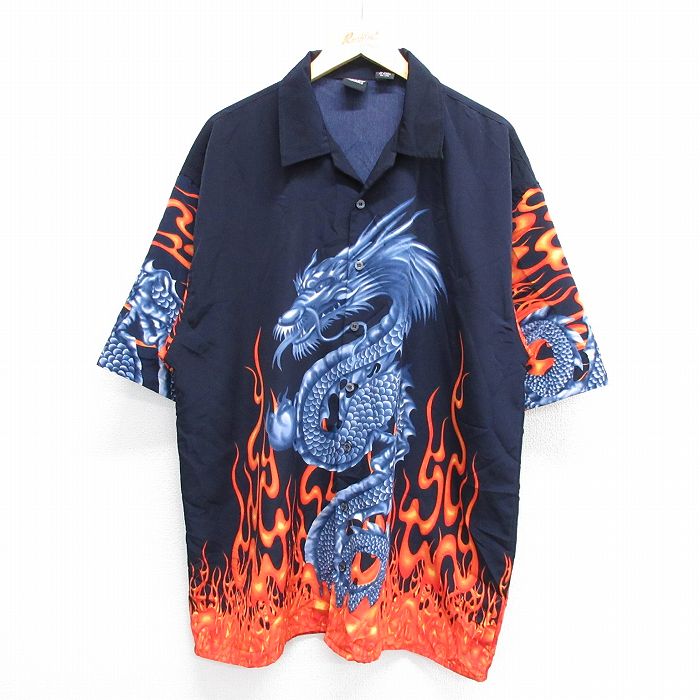 XL★古着 半袖 シャツ メンズ ドラゴン ファイヤーパターン 大きいサイズ ロング丈 開襟 オープンカラー 黒他 ブラック 【spe】 25may08 中古 トップス