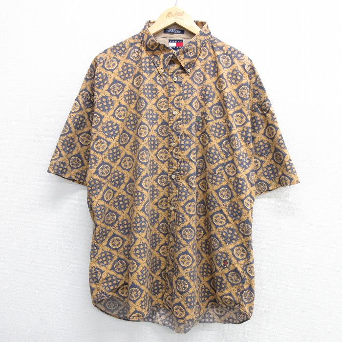 XL★古着 トミーヒルフィガー TOMMY HILFIGER 半袖 ブランド シャツ メンズ 90年代 90s ワンポイントロゴ 総柄 大きいサイズ ロング丈 コットン ボタンダウン 紺他 ネイビー 【spe】 25may08 中古 トップス