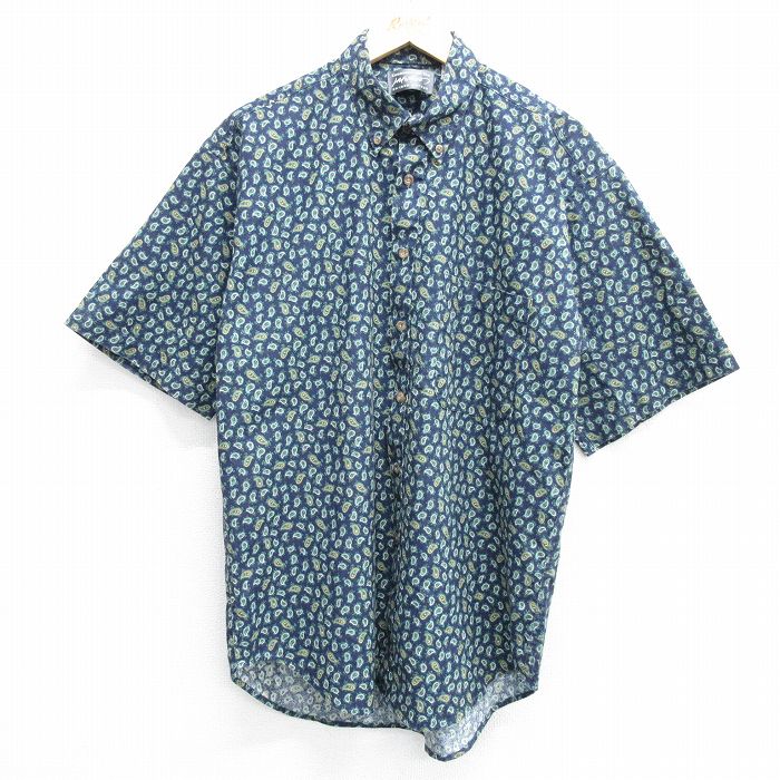 L★古着 半袖 シャツ メンズ 90年代 90s ペイズリー柄 総柄 コットン ボタンダウン USA製 紺他 ネイビー 25may08 中古 トップス