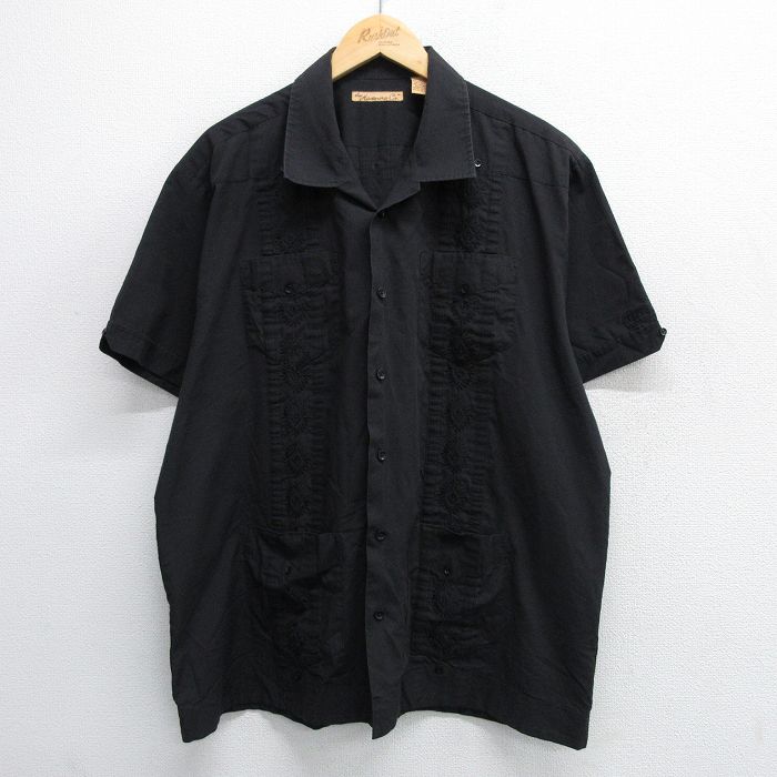 XL★古着 半袖 キューバ シャツ メンズ 大きいサイズ 開襟 オープンカラー 黒 ブラック 25may08 中古 トップス