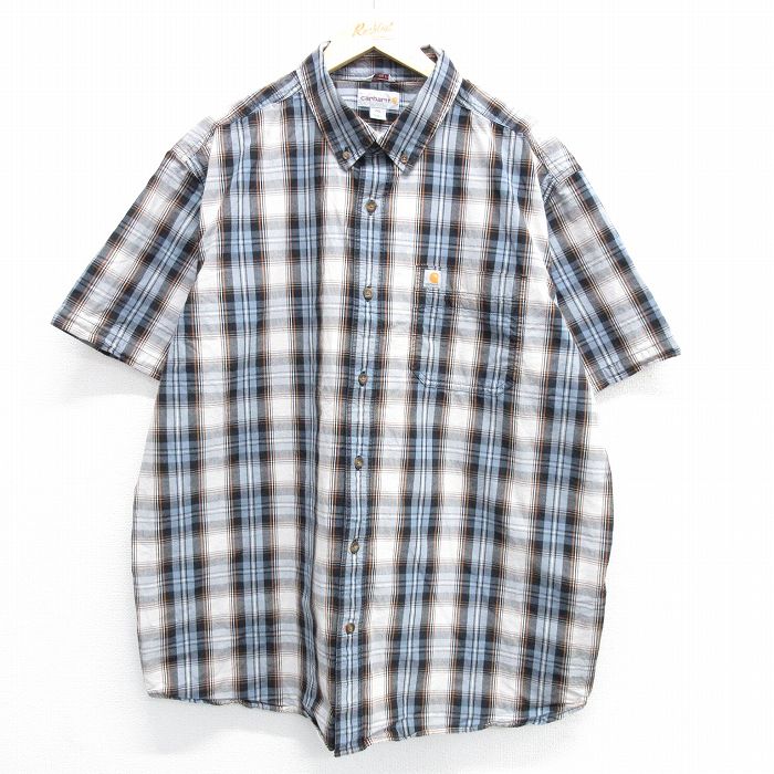 XL★古着 カーハート Carhartt 半袖 シャツ メンズ 大きいサイズ ロング丈 コットン ボタンダウン 薄紺他 ネイビー チェック 25may08 中古 トップス