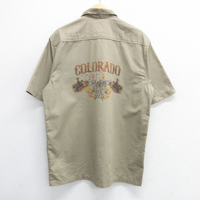 L★古着 カーハート Carhartt 半袖 シャツ メンズ コロラド タトゥー ロング丈 濃ベージュ カーキ 25may08 中古 トップス