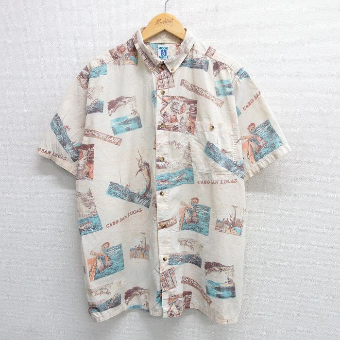 XL★古着 半袖 シャツ メンズ 90年代 90s 釣り 魚 総柄 大きいサイズ ボタンダウン 薄ベージュ他 カーキ 25may08 中古 トップス