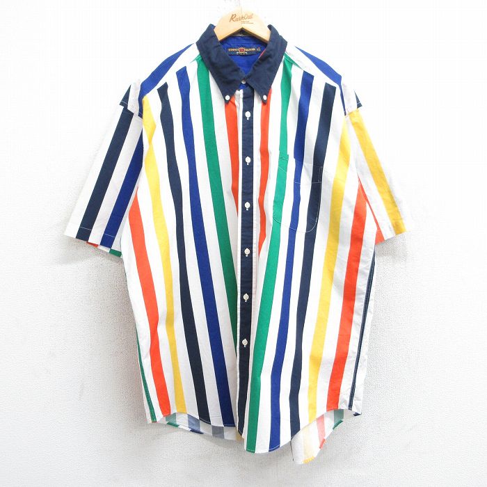 XL★古着 トミーヒルフィガー TOMMY HILFIGER 半袖 ブランド シャツ メンズ 90年代 90s ゴルフ 大きいサイズ ロング丈 コットン ボタンダウン 白他 ホワイト ストライプ 【spe】 25may09 中古 トップス
