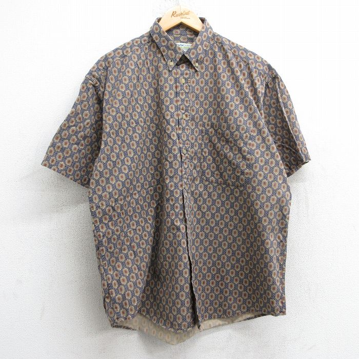 XL★古着 半袖 シャツ メンズ 90年代 90s 総柄 コットン ボタンダウン 紺他 ネイビー 25may09 中古 トップス