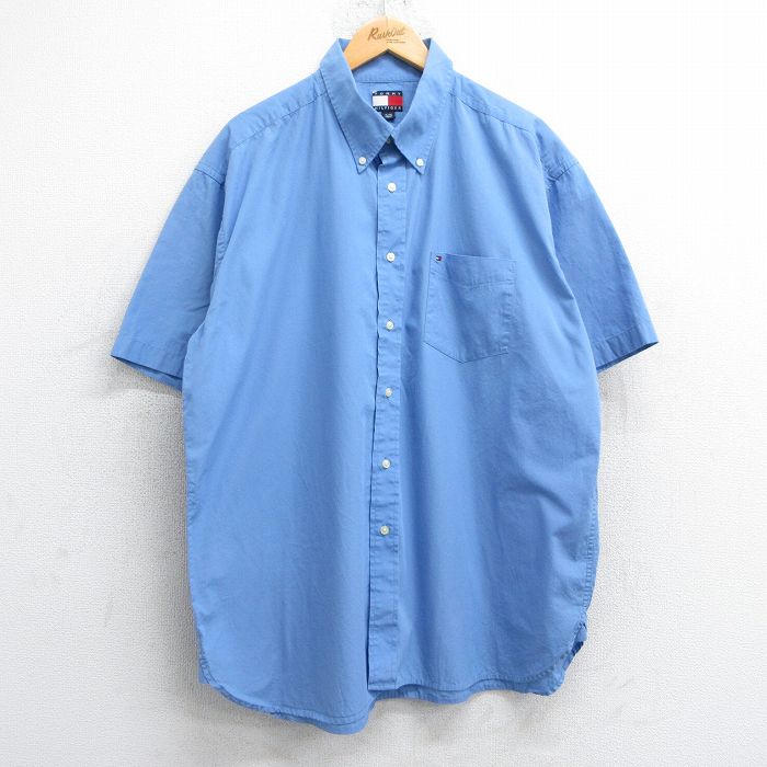 XL★古着 トミーヒルフィガー TOMMY HILFIGER 半袖 ブランド シャツ メンズ 90年代 90s ワンポイントロゴ 大きいサイズ ロング丈 コットン ボタンダウン 薄紺 ネイビー 25may09 中古 トップス