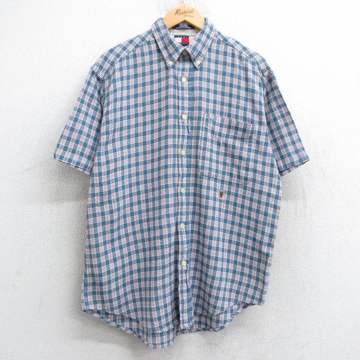 L★古着 トミーヒルフィガー TOMMY HILFIGER 半袖 ブランド シャツ メンズ 90年代 90s ワンポイントロゴ コットン ボタンダウン 紺系他 ネイビー チェック 25may09 中古 トップス
